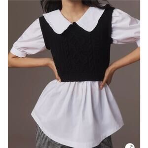 Anthropologie Maeve Peter Pan Collar Twofer Black White Sweater Top Medium